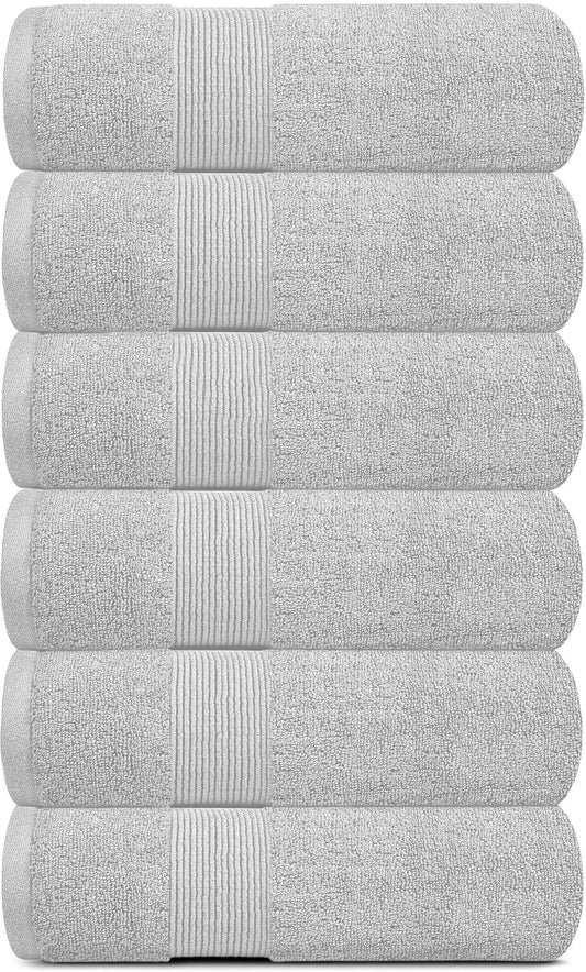 6 Resort Collection Soft Hand/Face Towels - 16x27 in Luxury Plush Cotton - Light Gray