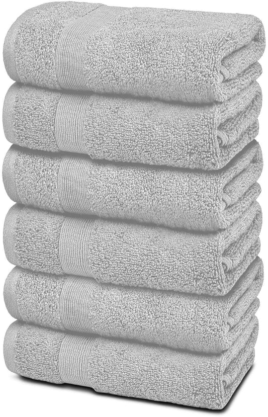 6 Resort Collection Soft Hand/Face Towels - 16x27 in Luxury Plush Cotton - Light Gray