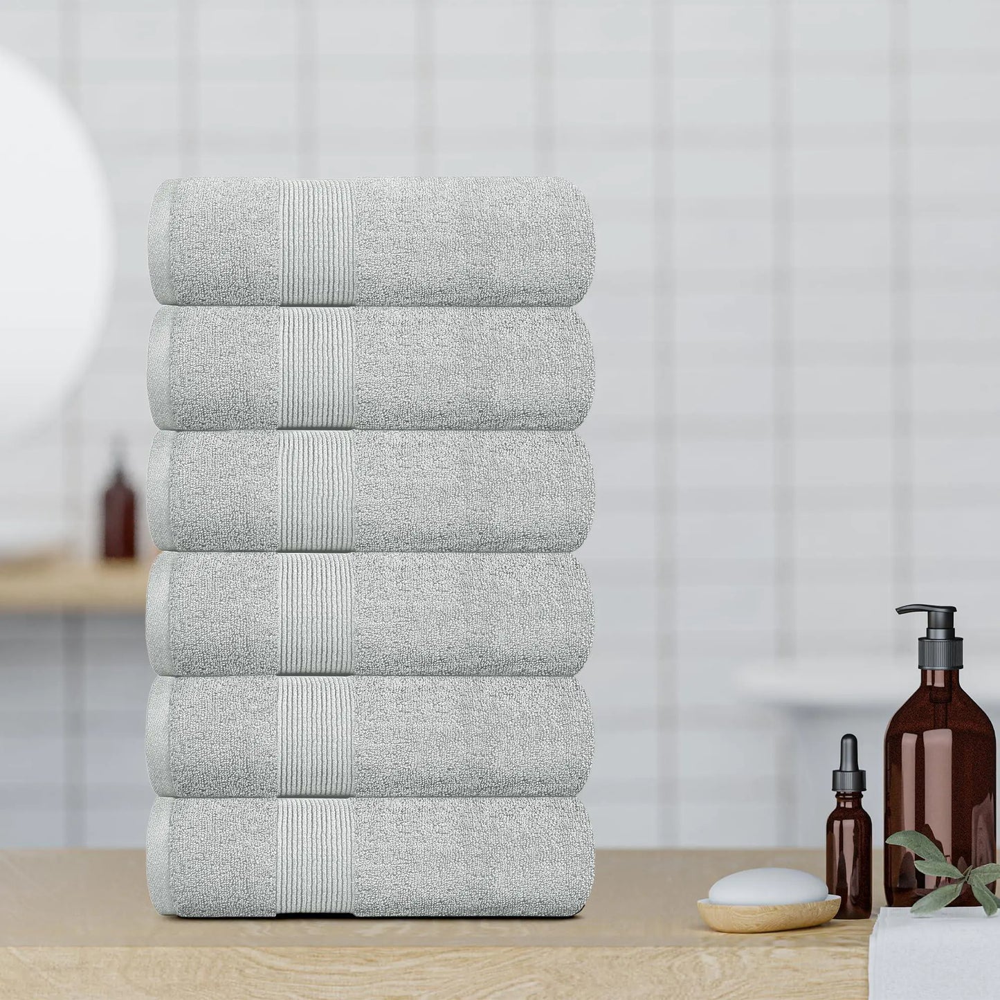 6 Resort Collection Soft Hand/Face Towels - 16x27 in Luxury Plush Cotton - Light Gray
