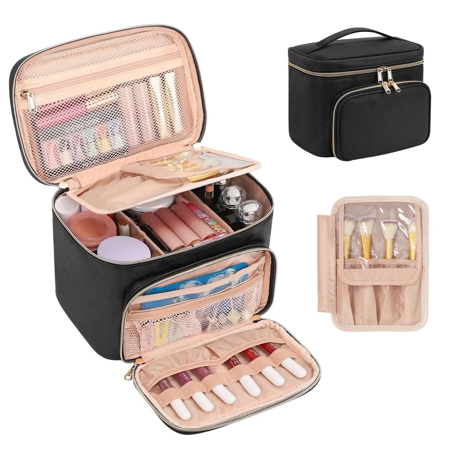 Makeup Bag - Large - Black and Powder Pink