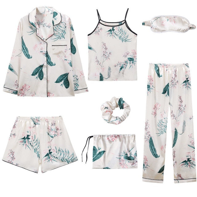 Women 7 Pieces Pajamas Sets Stain Faux Silk Sleepwear