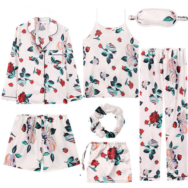 Women 7 Pieces Pajamas Sets Stain Faux Silk Sleepwear
