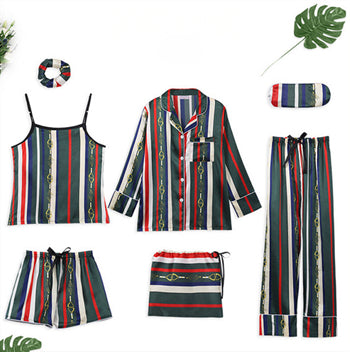 Women 7 Pieces Pajamas Sets Stain Faux Silk Sleepwear