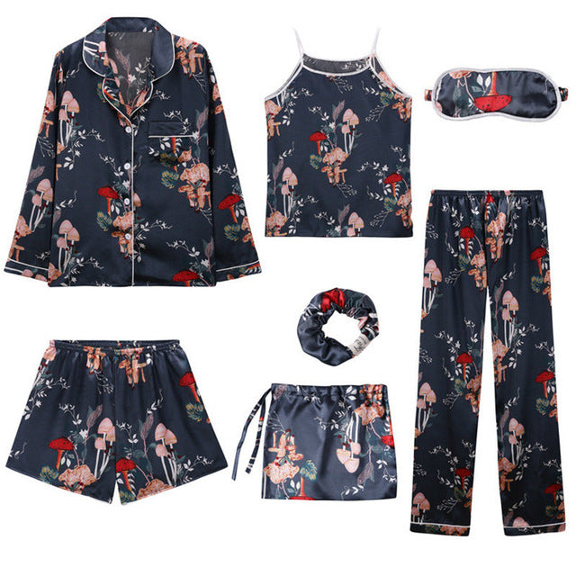 Women 7 Pieces Pajamas Sets Stain Faux Silk Sleepwear