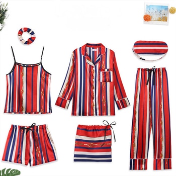 Women 7 Pieces Pajamas Sets Stain Faux Silk Sleepwear