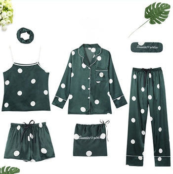 Women 7 Pieces Pajamas Sets Stain Faux Silk Sleepwear