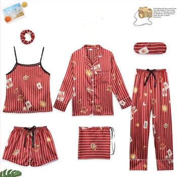 Women 7 Pieces Pajamas Sets Stain Faux Silk Sleepwear
