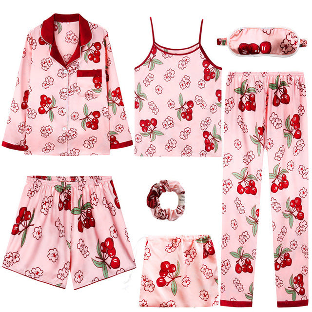 Women 7 Pieces Pajamas Sets Stain Faux Silk Sleepwear