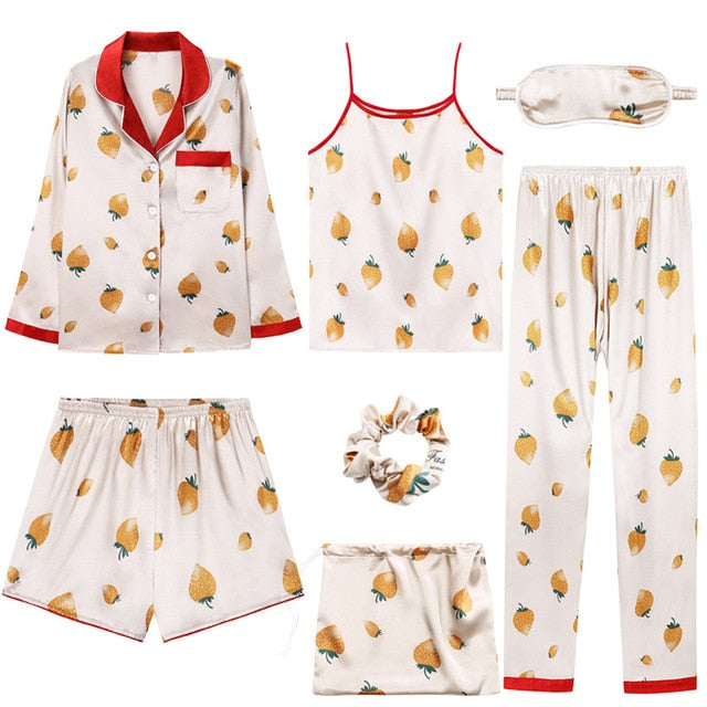 Women 7 Pieces Pajamas Sets Stain Faux Silk Sleepwear