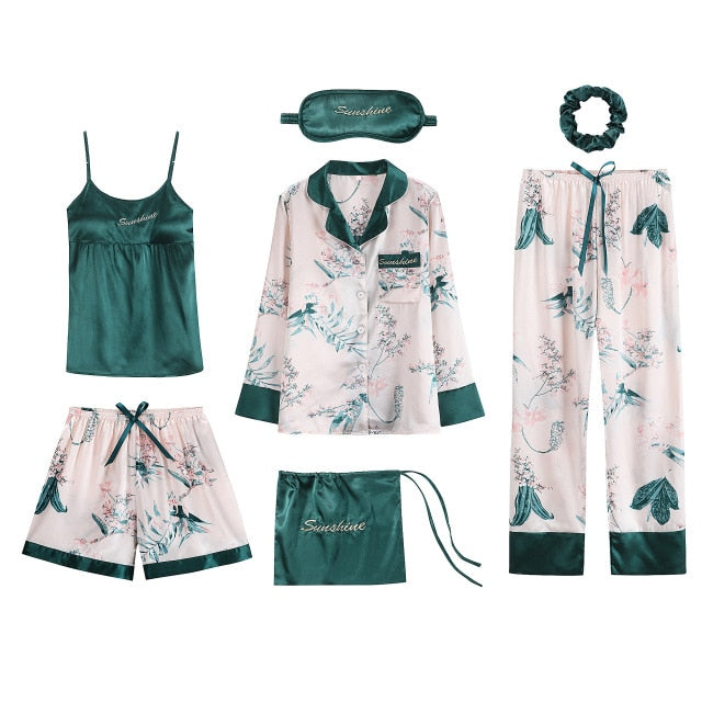 Women 7 Pieces Pajamas Sets Stain Faux Silk Sleepwear